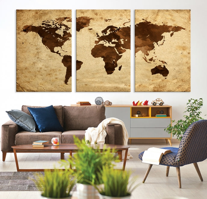 Impresión de lienzo de mapa mundial de arte de pared grande, impresión de lienzo de viaje de mapa mundial de acuarela azul marino, impresión de lienzo de mapa mundial de arte de pared grande XXL moderno