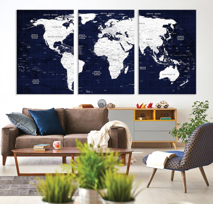 Navy Blue World Map Wall Art Push Pin World Map Canvas Print