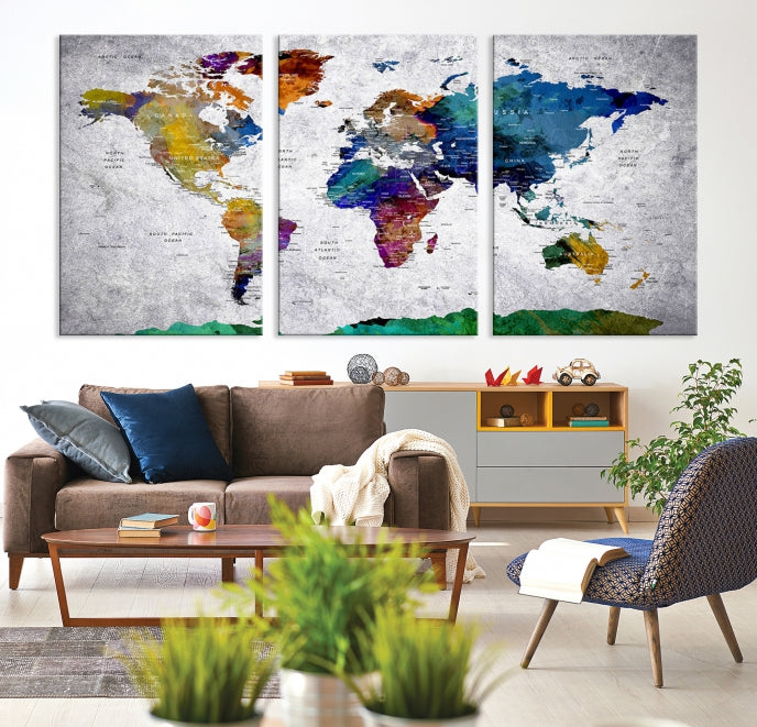 Wall Art Push Pin World Map with Antarctica Canvas Print