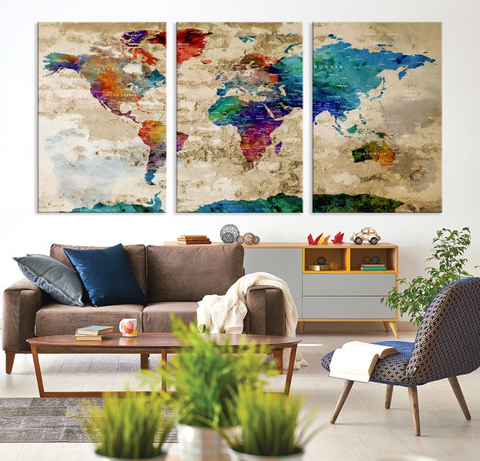 Watercolor Wall Art Push Pin World Map w/ Antarctica Canvas Print