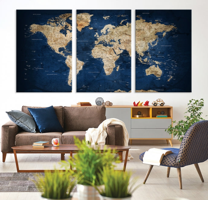 Extra grande, azul marino, estados de EE. UU. detallados en el mapa, arte de pared del mapa mundial, impresión en lienzo