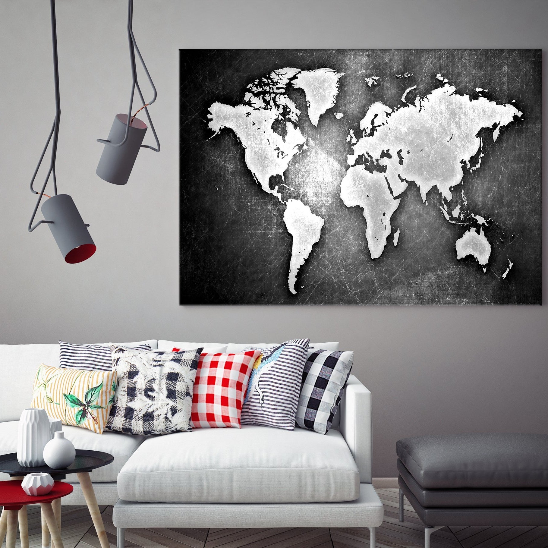 N14451 - Modern Large Black Metalic Wall Art World Map Map Canvas Print for Living Room Decor Art- Ready to Hang-Giclee Canvas Print-World Map Wall Art-Single Panel-24X16-Extra Large Wall Art Canvas Print