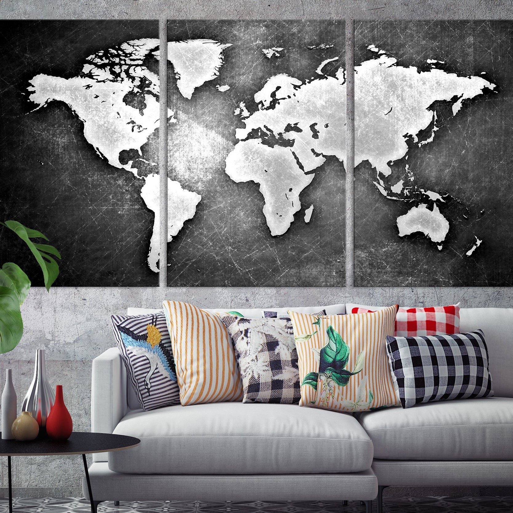 N14451 - Modern Large Black Metalic Wall Art World Map Map Canvas Print for Living Room Decor Art- Ready to Hang-Giclee Canvas Print-World Map Wall Art-3 Panel-Per P. 16x24-Extra Large Wall Art Canvas Print