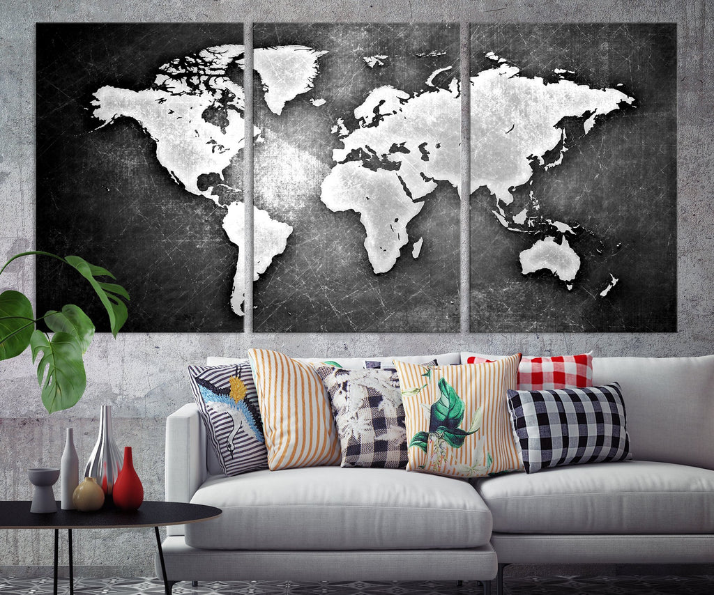N14451 - Modern Large Black Metalic Wall Art World Map Map Canvas Print for Living Room Decor Art- Ready to Hang-Giclee Canvas Print-World Map Wall Art-3 Panel-Per P. 16x24-Extra Large Wall Art Canvas Print