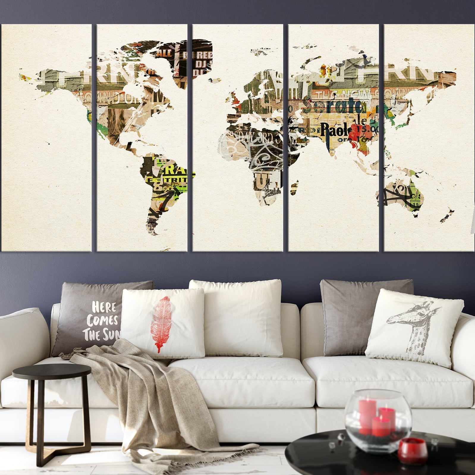 World Map with Grunge Posters Large Canvas Art Print, World Map for Home Art Print No:022-Giclee Canvas Print-World Map Wall Art-5 Panel-Per P. 12x32-Extra Large Wall Art Canvas Print
