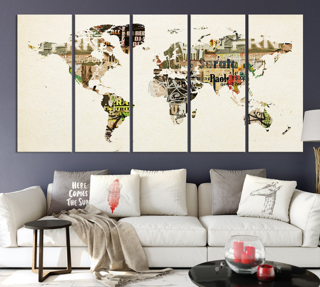 World Map with Grunge Posters Large Canvas Art Print, World Map for Home Art Print No:022-Giclee Canvas Print-World Map Wall Art-5 Panel-Per P. 12x32-Extra Large Wall Art Canvas Print
