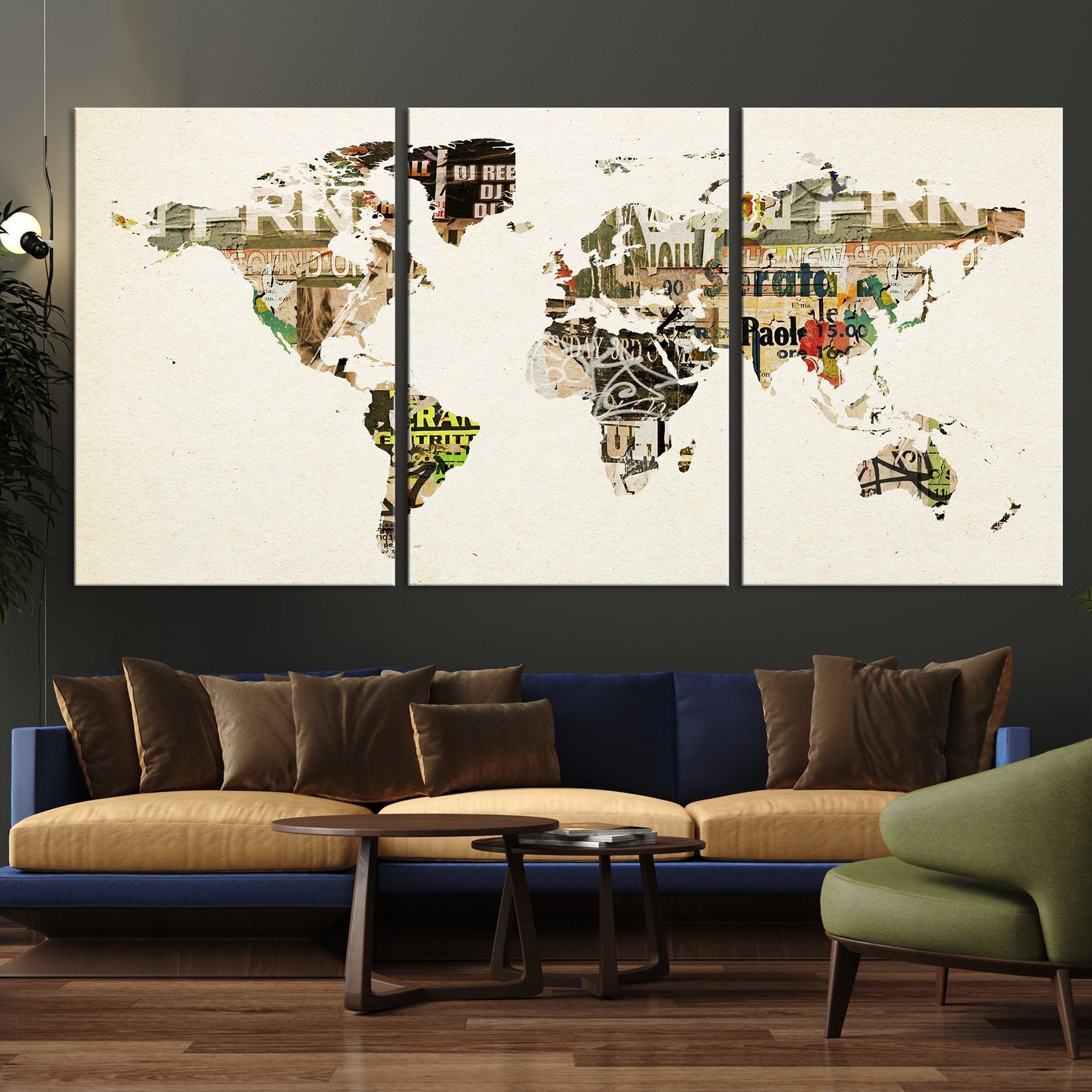 World Map with Grunge Posters Large Canvas Art Print, World Map for Home Art Print No:022-Giclee Canvas Print-World Map Wall Art-3 Panel-Per P. 16x24-Extra Large Wall Art Canvas Print